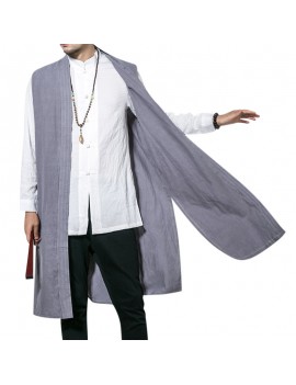 Mens Solid Color Chinese Style Linen Cardigans Retro Sleeveless Jackets