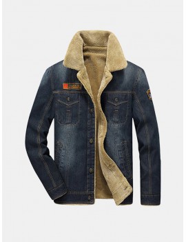 Winter Casual Thicken Warm Denim Jacket Multi Pockets Turn-Down Collar Coat for Men