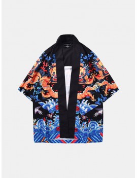 Mens Summer Chinese Dragon Robes Short Sleeve National Style Loose Casual Jacket