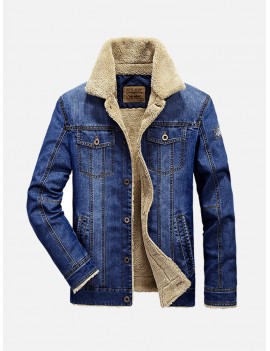 Plus Size Fleece Jacket Multi Pockets Single Breasted Inside Fleece Denim Jacket for Men