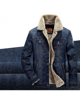 Plus Size Fleece Jacket Multi Pockets Single Breasted Inside Fleece Denim Jacket for Men