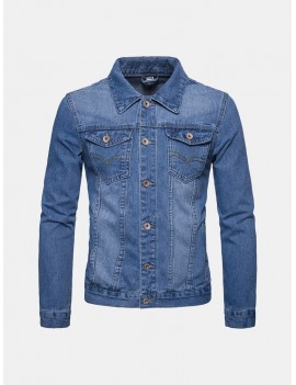 Men's Casual Fashion Denim Chest Pockets Solid Color Slim Fit Turn-down Collar Jackets
