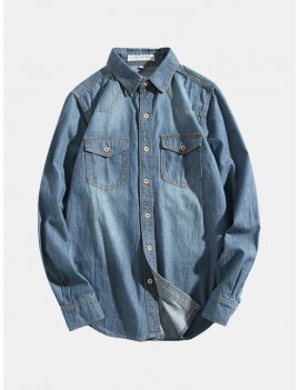 Mens Denim Washed Chest Pockets Jeans Jacket Turndown Collar Long Sleeve Button Up Shirt