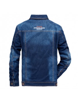 Mens Plus Size Denim Embroidery Letter Patchwork Badge Stylish Turn-down Collar Jacket