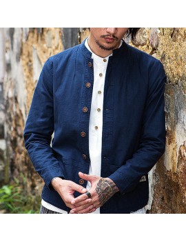 Vintage Chinese Style Cotton Linen Long Sleeve Slim Fit Stand Collar Jackets for Men