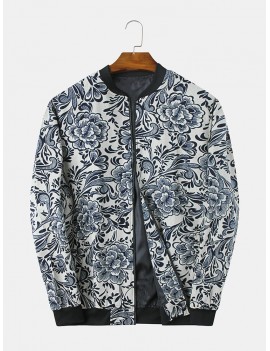Mens Ethnic Style Printing Long Sleeve Zipper Loose Fit Stand Collar Jackets
