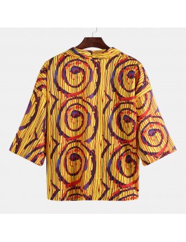 Mens Ethnic style Kimono Half Sleeve Loose Printing Cardigans Thin Jacket