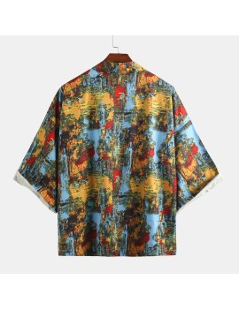 Mens Multi Color Graffiti Printed Kimono Japanese Style Jacket