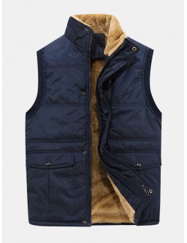 Mens Winter Fleece Lining Thickened Warm Stand Collar Solid Color Loose Casual Vest