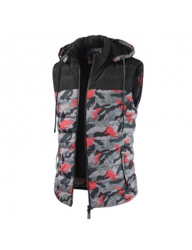Mens Camo Patchwork Detachable Hooded Jacket Thickened Warm Casual Zipper Vest