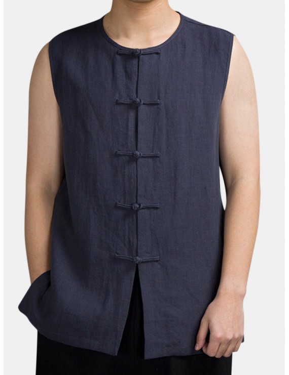 Men Solid Color Thin Chinese Buttons Closure Cotton Linen Vest