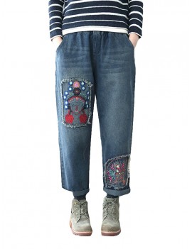 Vintage Embroidered Elastic Waist Straight Jeans