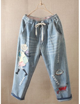 Cartoon Girl Patch Embroidered Ripped Jeans