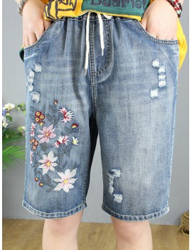 Floral Embroidery Vintage Ripped Denim Shorts