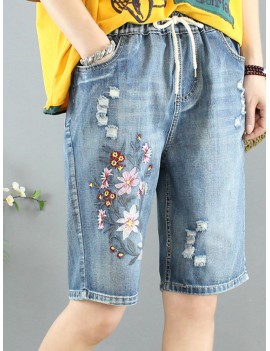 Floral Embroidery Vintage Ripped Denim Shorts