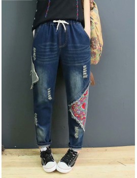 Vintage Patchwork Hole Pocket High Waist Knee Casual Jeans