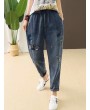 Casual Embroidered Cat Elastic Waist Loose Jeans