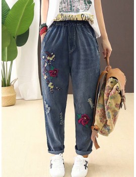 Flower Embroidery Old Worn Out Harem Pocket Jeans