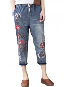 Vintage Embroidery Printed High Waist Casual Jeans For Women