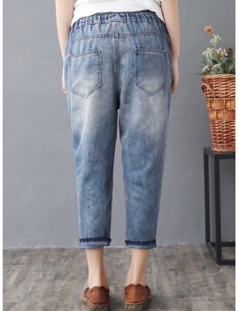 Vintage Embroidery Printed High Waist Casual Jeans For Women