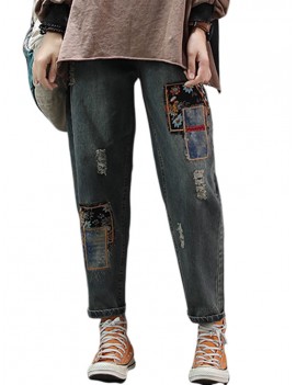 Floral Print Embroidered Patchwork Ripped Jeans For Women