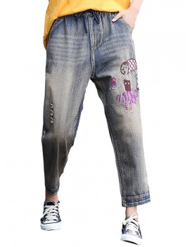 Embroidered Girl Elastic Waist Loose Slim Harem Jeans