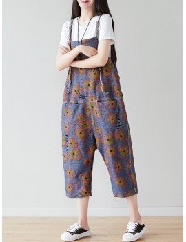 Vintage Printed Personality Woven Loose Jumpsuits For Women