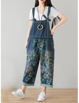 Retro Printed Wide Leg Loose Jumpsuits For Women