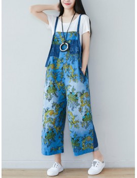 Literary Old Printed Patchwork Loose Jumpsuits For Women