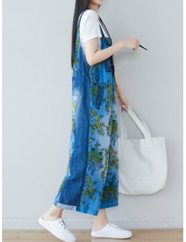 Literary Old Printed Patchwork Loose Jumpsuits For Women