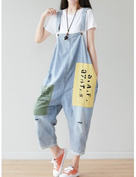 Letters Patchwork Casual Hole Personality Jumpsuits