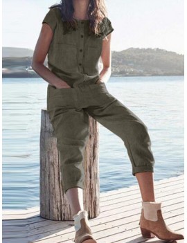 Casual Solid Color Short Sleeve Pockets Overalls Jumpsuit