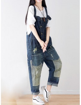 Retro Hole Old Loose Wild Patchwork Jumpsuits