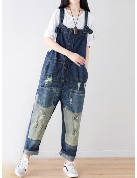 Retro Hole Old Loose Wild Patchwork Jumpsuits