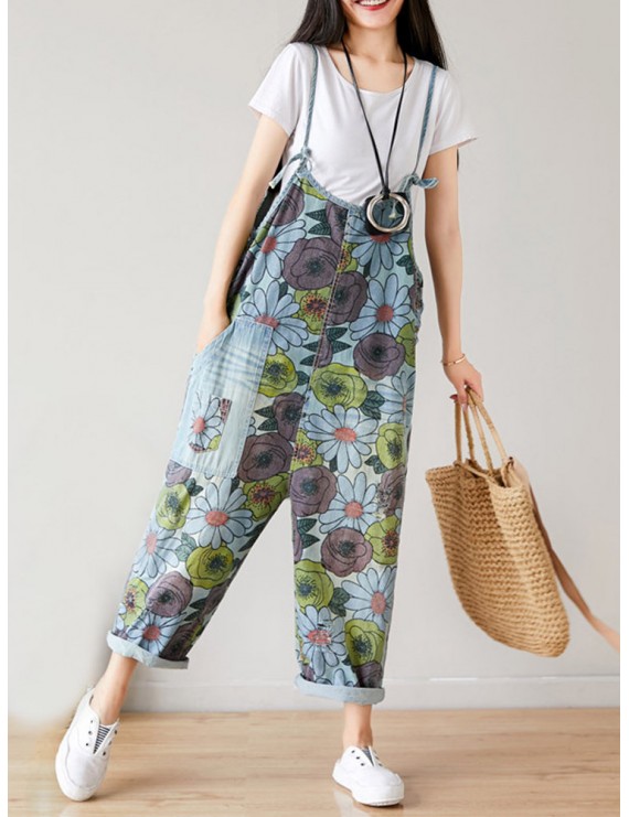 Casual Flower Printed Button Loose Wild Jumpsuits For Women