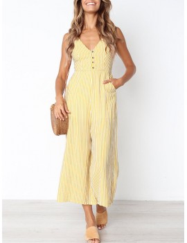 Striped V-neck High Waist Sexy Women Jumpsuit with Pockets