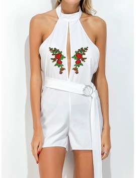 Sexy Embroidered Hollow Halter Backless Sleeveless Jumpsuit For Women