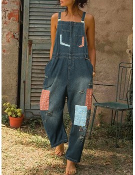 Print Patchwork Straps Ripped Denim Jumpsuit For Women