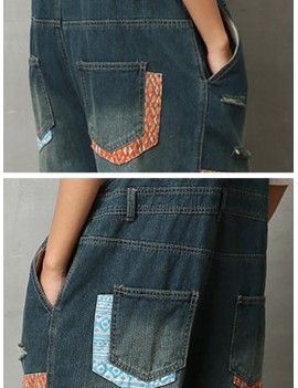 Print Patchwork Straps Ripped Denim Jumpsuit For Women