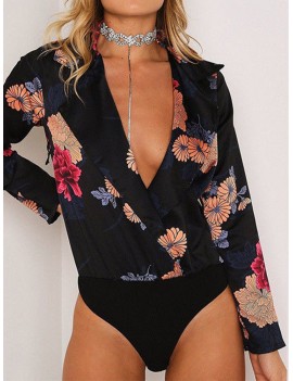 Women Sexy Print Turn-down Collar Long Sleeve Blouse Rompers