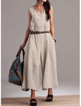 V-neck Solid Color Sleeveless Loose Jumpsuit For Women