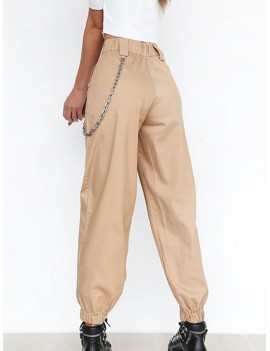 Casual Pure Color High Waist Women Pants With Chain