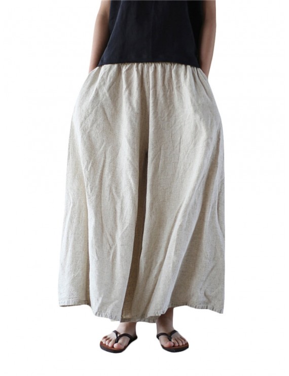 Wide Leg Loose Pockets Solid Color Elastic Waist Vintage Pants
